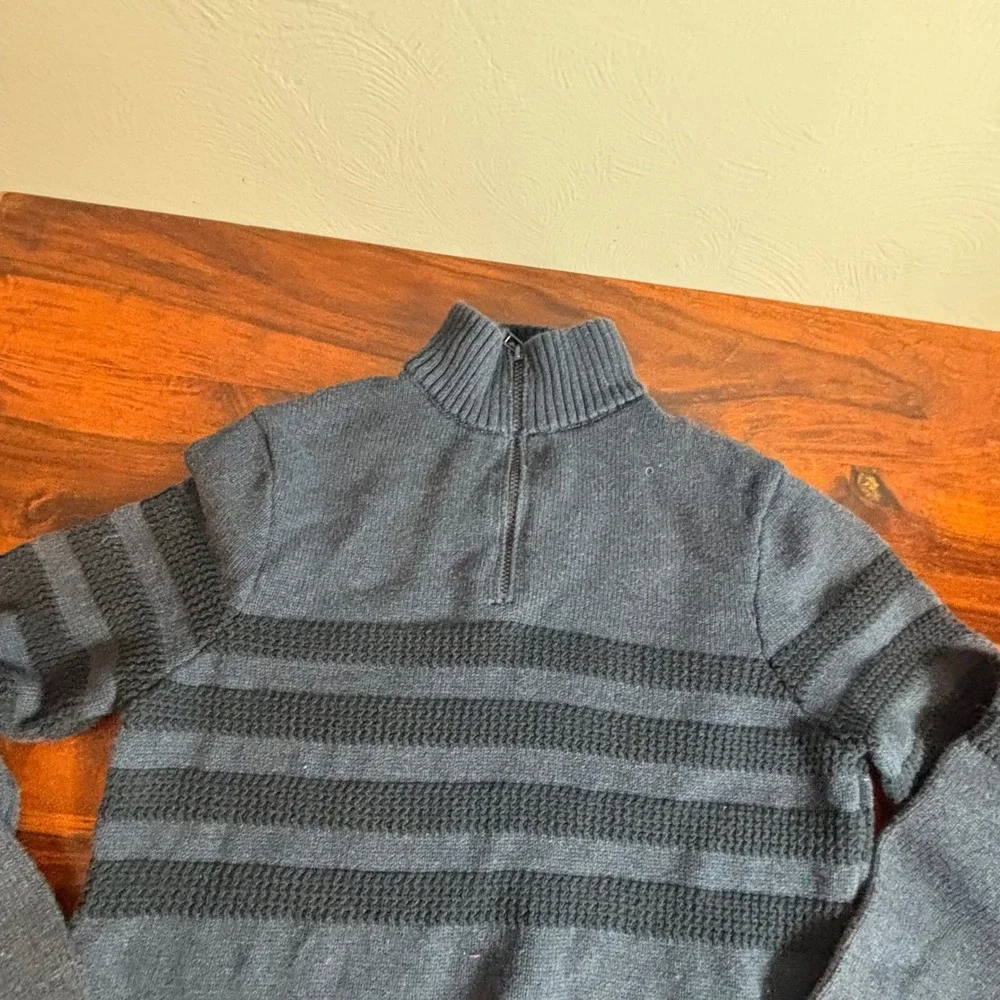 Tahari Mens Quarter Zip Sweater Blue Black Striped 100%‎ Cotton Mock Neck Medium